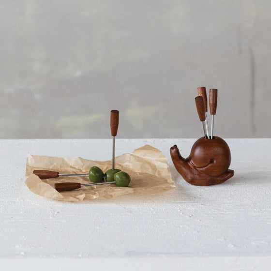 Wood Snail Shaped Holder with 6 Appetizer Forks