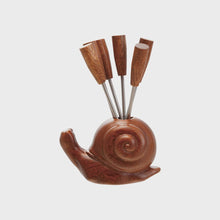  Wood Snail Shaped Holder with 6 Appetizer Forks